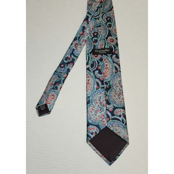 Christian Dior Monsieur Mens All Silk Tie 4"x57" Paisley Blue Grey Green Red USA - Picture 3 of 6